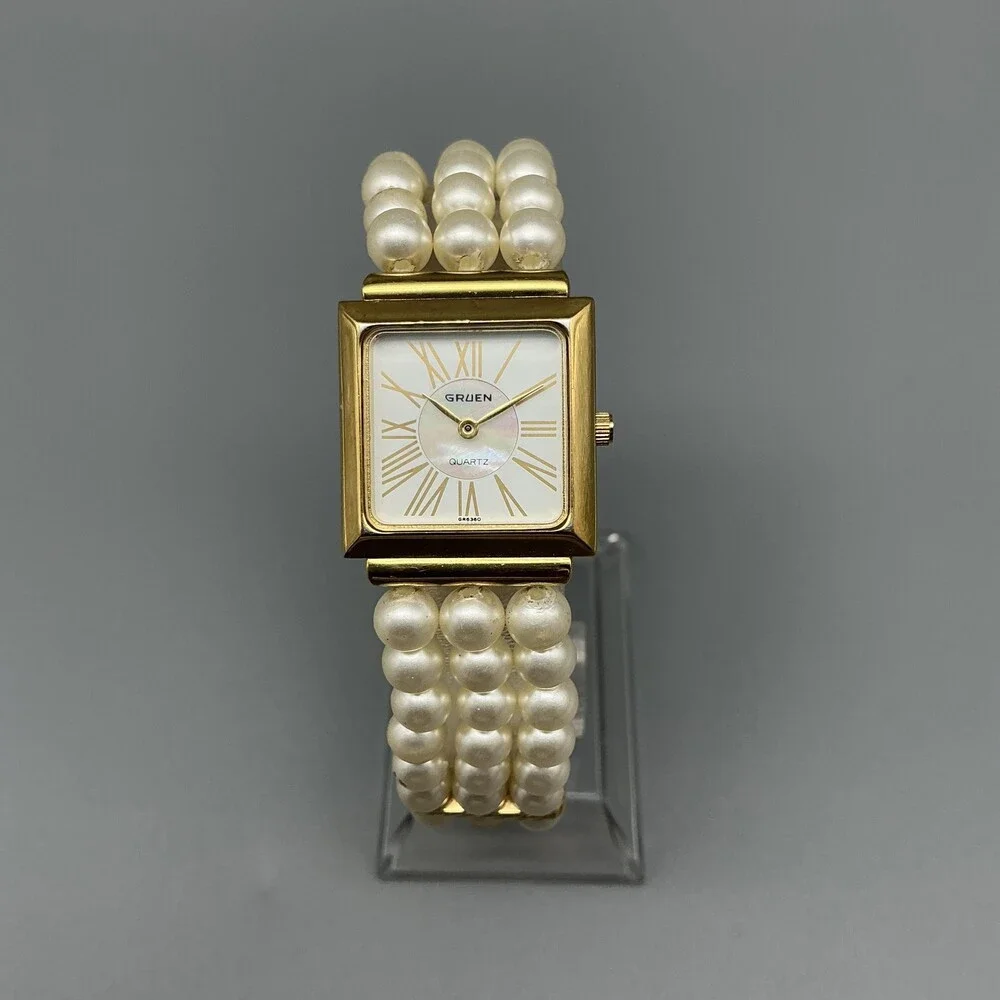 Gruen Womens Watch 22mm Square MOP Faux Pearl Band Gold Tone New Battey 7.25